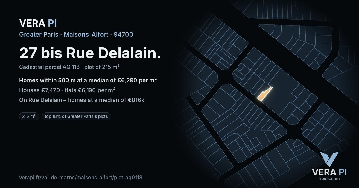 27 bis Rue Delalain, Maisons-Alfort at night – the plot lit, the parcels around coloured by the prices near them