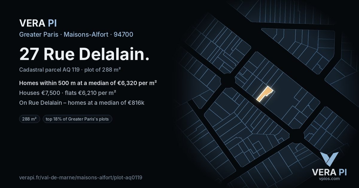 27 Rue Delalain, Maisons-Alfort at night – the plot lit, the parcels around coloured by the prices near them
