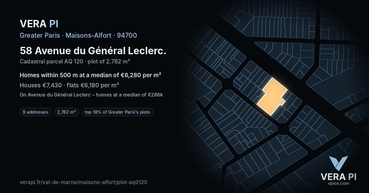 58 Avenue du Général Leclerc, Maisons-Alfort at night – the plot lit, the parcels around coloured by the prices near them