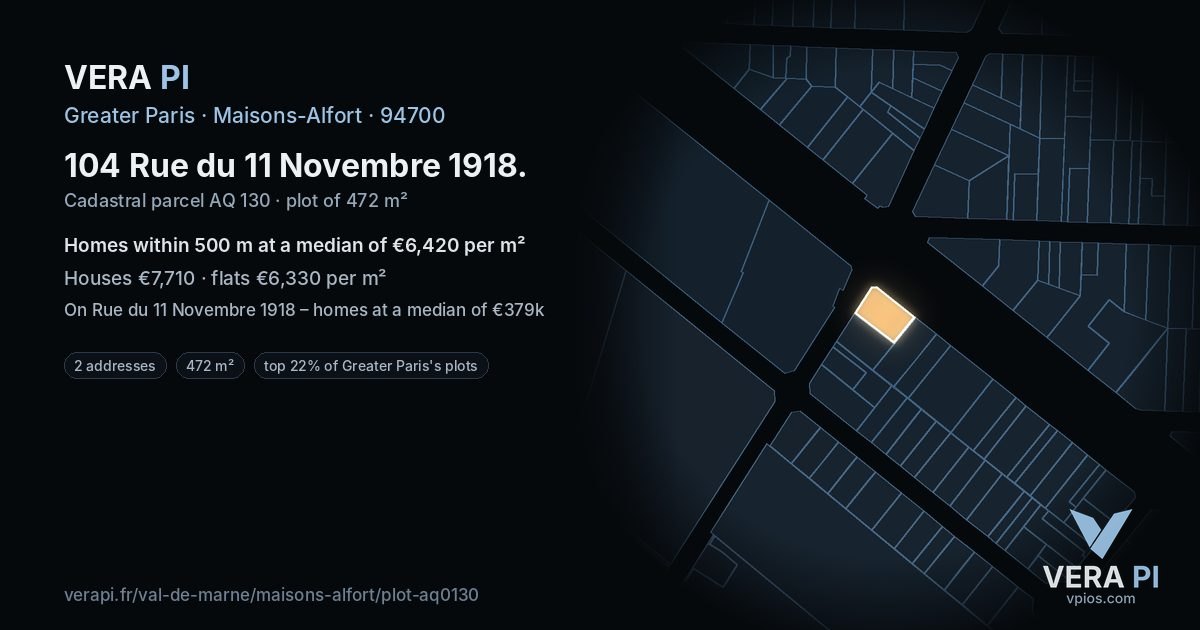 104 Rue du 11 Novembre 1918, Maisons-Alfort at night – the plot lit, the parcels around coloured by the prices near them