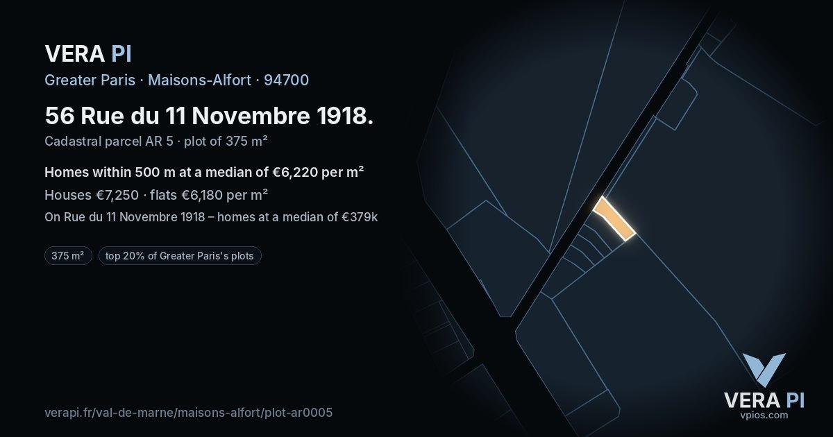 56 Rue du 11 Novembre 1918, Maisons-Alfort at night – the plot lit, the parcels around coloured by the prices near them