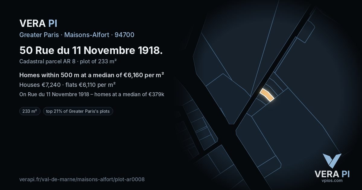 50 Rue du 11 Novembre 1918, Maisons-Alfort at night – the plot lit, the parcels around coloured by the prices near them