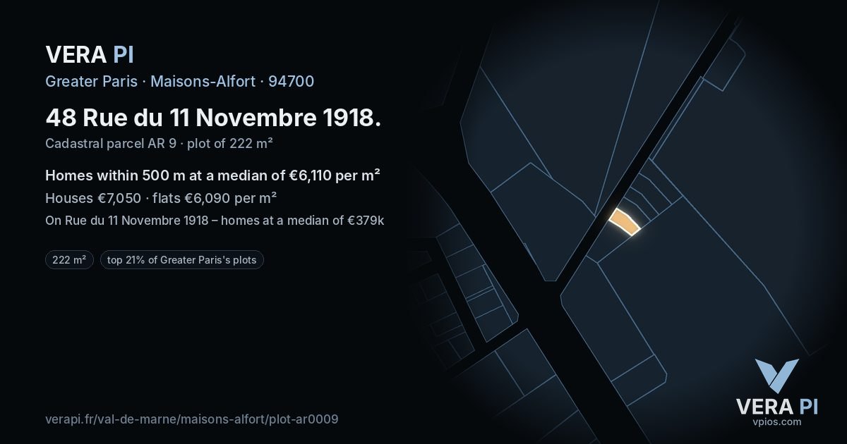 48 Rue du 11 Novembre 1918, Maisons-Alfort at night – the plot lit, the parcels around coloured by the prices near them