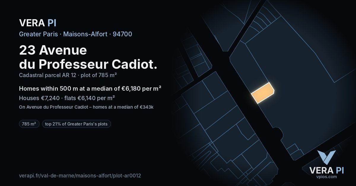 23 Avenue du Professeur Cadiot, Maisons-Alfort at night – the plot lit, the parcels around coloured by the prices near them