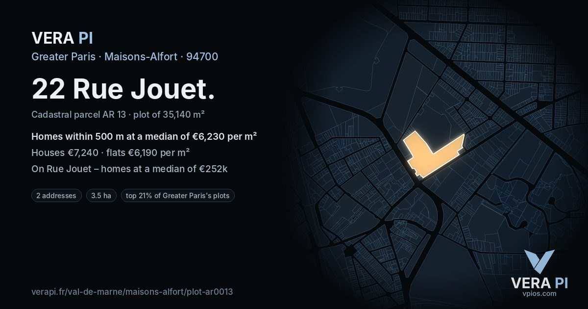 22 Rue Jouet, Maisons-Alfort at night – the plot lit, the parcels around coloured by the prices near them