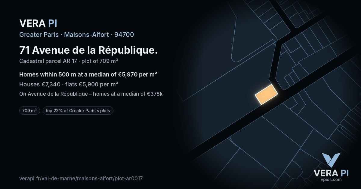 71 Avenue de la République, Maisons-Alfort at night – the plot lit, the parcels around coloured by the prices near them