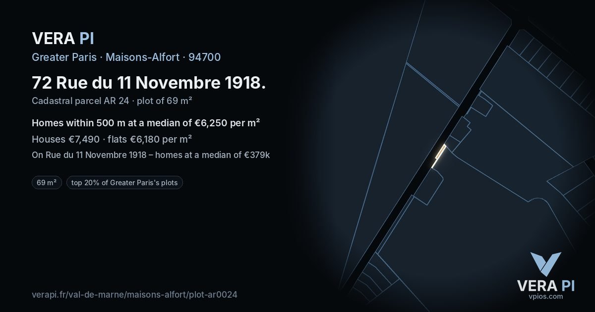 72 Rue du 11 Novembre 1918, Maisons-Alfort at night – the plot lit, the parcels around coloured by the prices near them