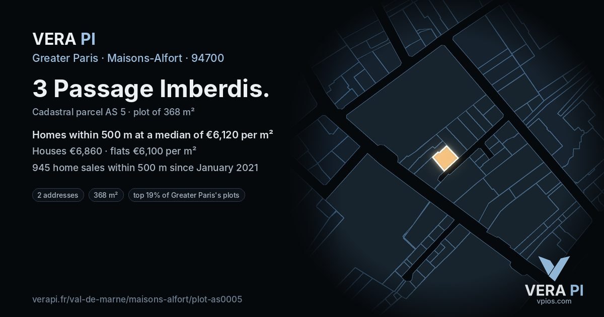 3 Passage Imberdis, Maisons-Alfort at night – the plot lit, the parcels around coloured by the prices near them