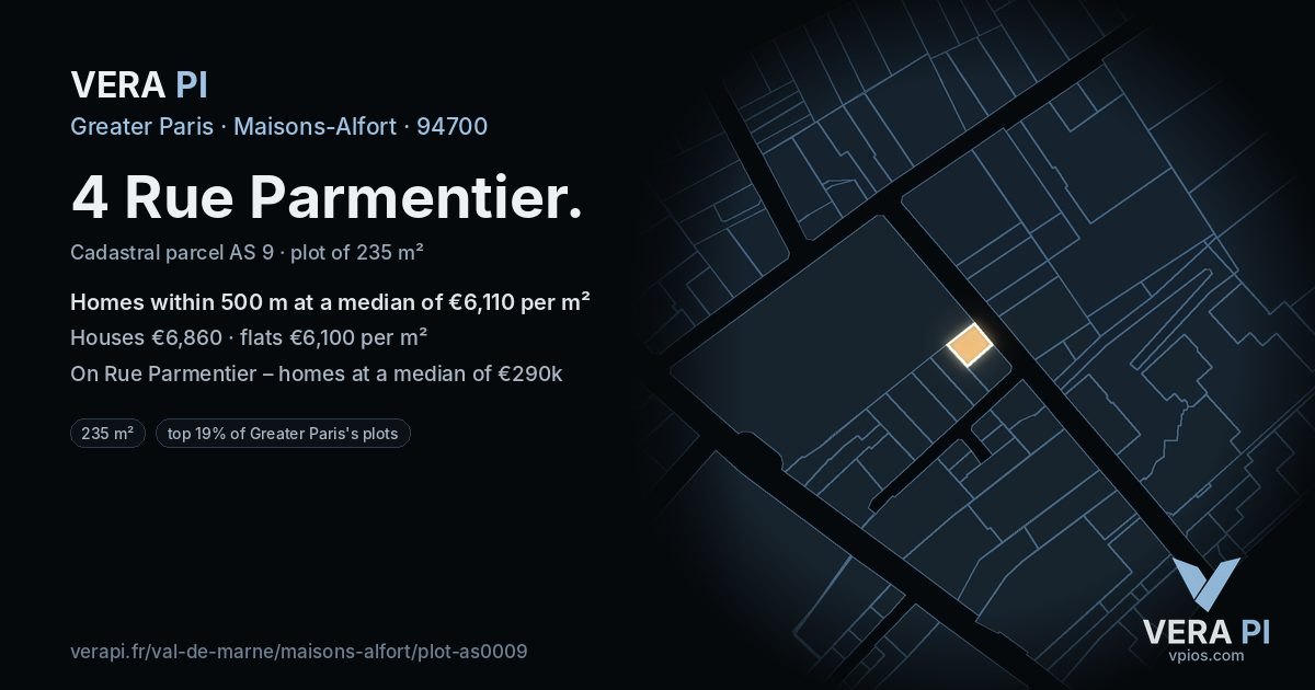 4 Rue Parmentier, Maisons-Alfort at night – the plot lit, the parcels around coloured by the prices near them
