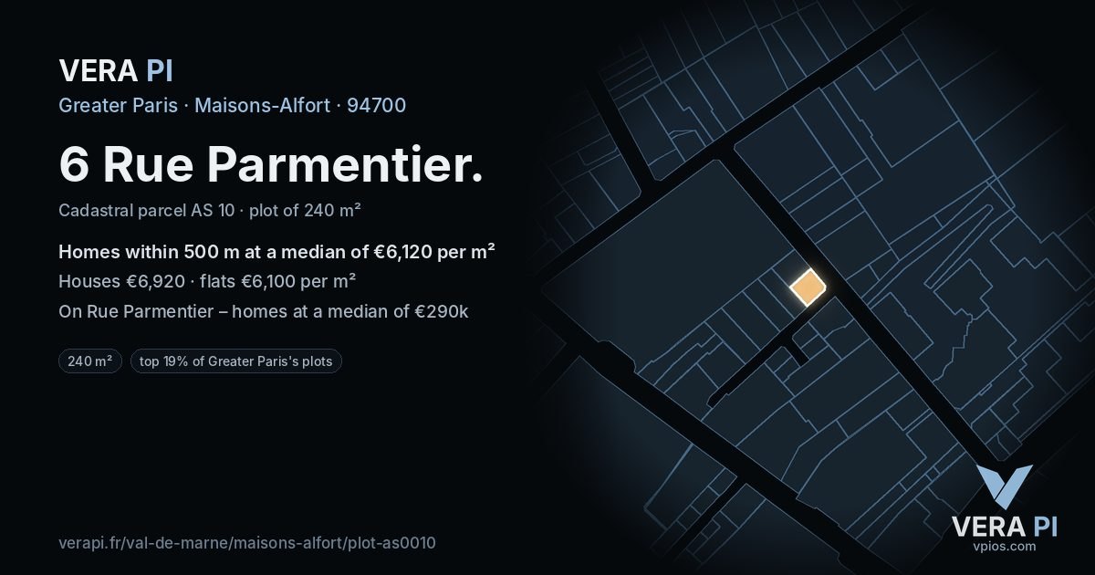6 Rue Parmentier, Maisons-Alfort at night – the plot lit, the parcels around coloured by the prices near them