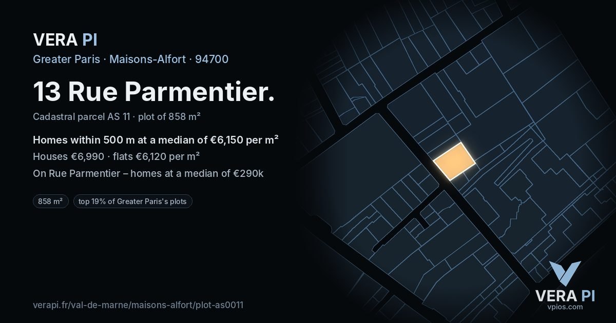 13 Rue Parmentier, Maisons-Alfort at night – the plot lit, the parcels around coloured by the prices near them