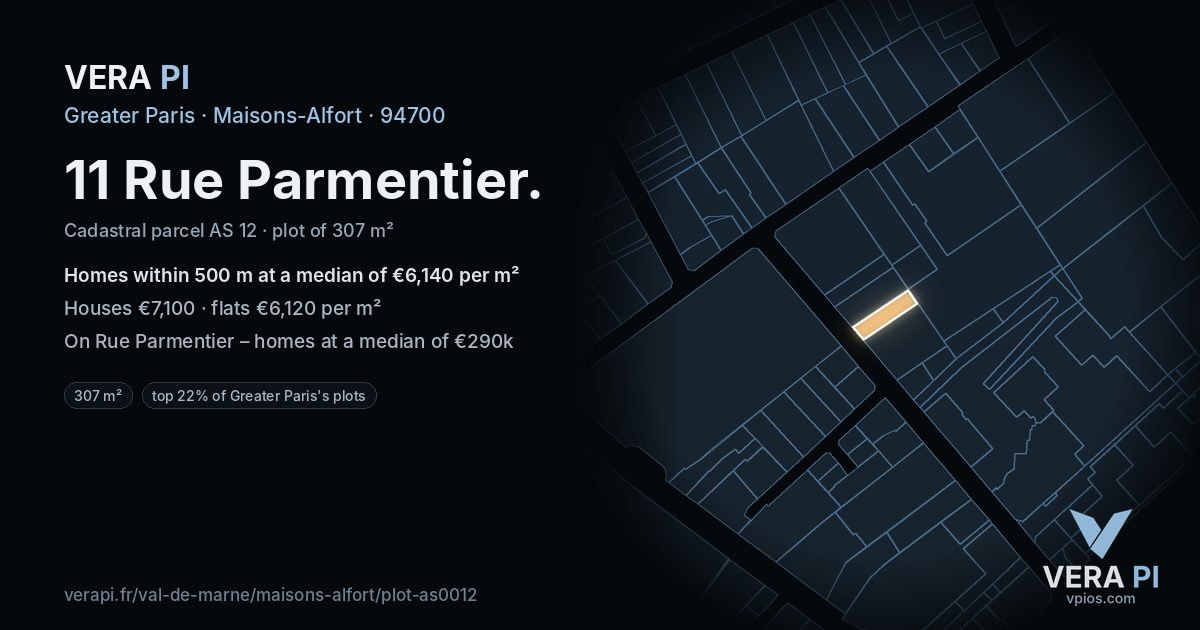 11 Rue Parmentier, Maisons-Alfort at night – the plot lit, the parcels around coloured by the prices near them