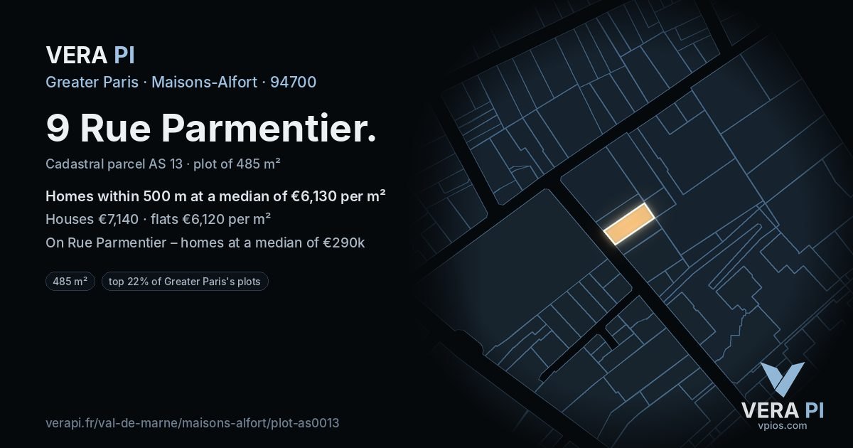 9 Rue Parmentier, Maisons-Alfort at night – the plot lit, the parcels around coloured by the prices near them