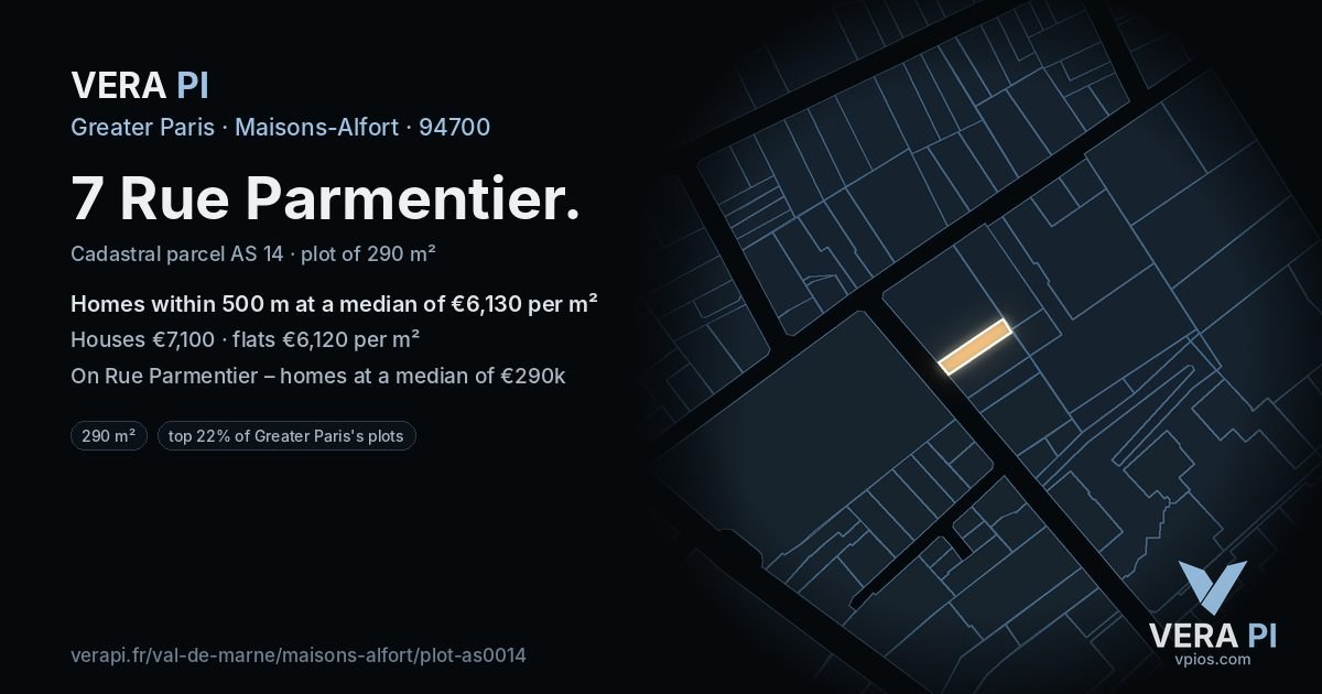 7 Rue Parmentier, Maisons-Alfort at night – the plot lit, the parcels around coloured by the prices near them
