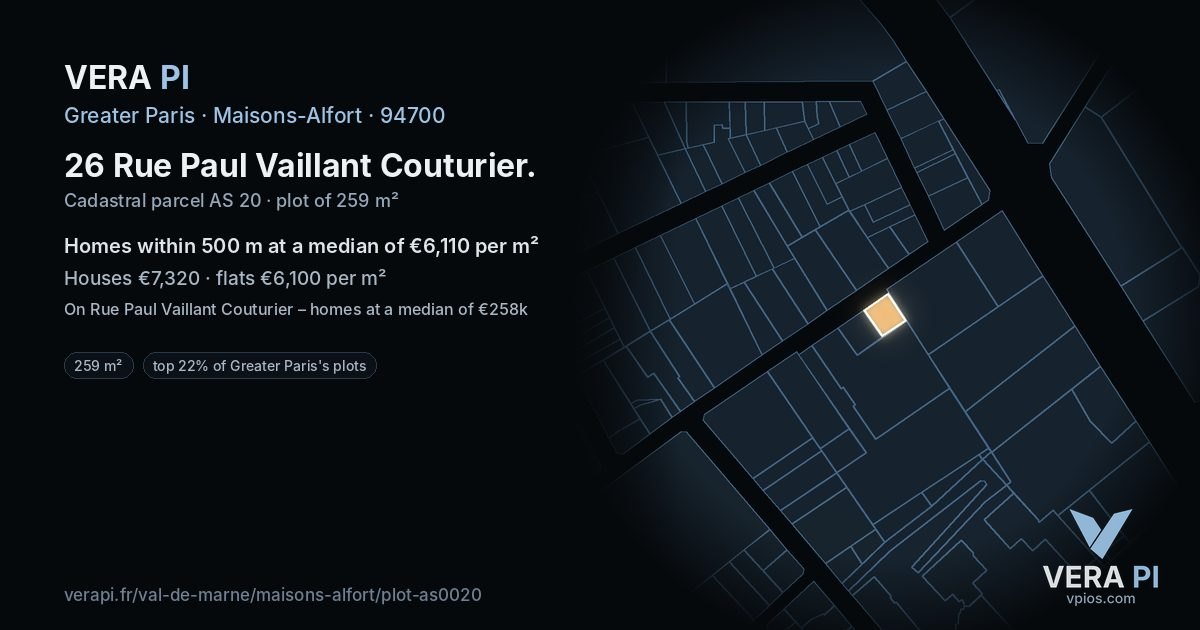26 Rue Paul Vaillant Couturier, Maisons-Alfort at night – the plot lit, the parcels around coloured by the prices near them
