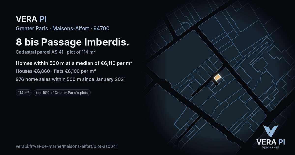 8 bis Passage Imberdis, Maisons-Alfort at night – the plot lit, the parcels around coloured by the prices near them