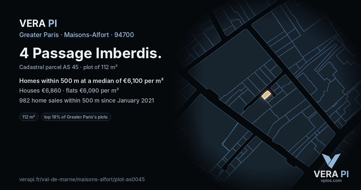 4 Passage Imberdis, Maisons-Alfort at night – the plot lit, the parcels around coloured by the prices near them