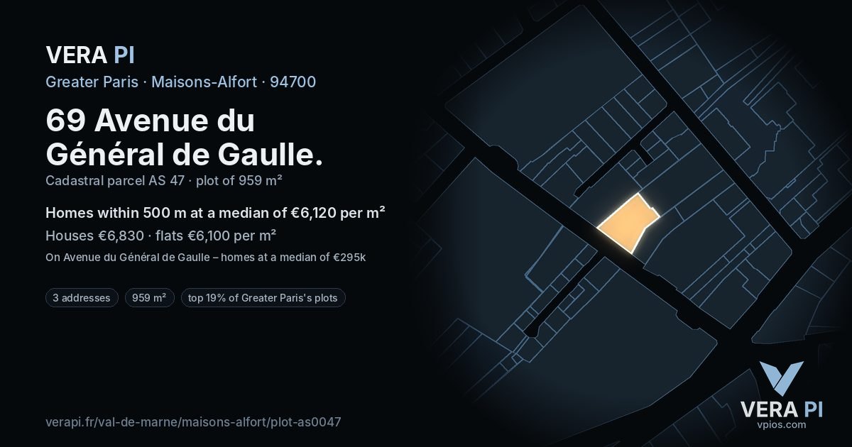 69 Avenue du Général de Gaulle, Maisons-Alfort at night – the plot lit, the parcels around coloured by the prices near them
