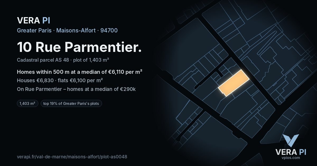 10 Rue Parmentier, Maisons-Alfort at night – the plot lit, the parcels around coloured by the prices near them