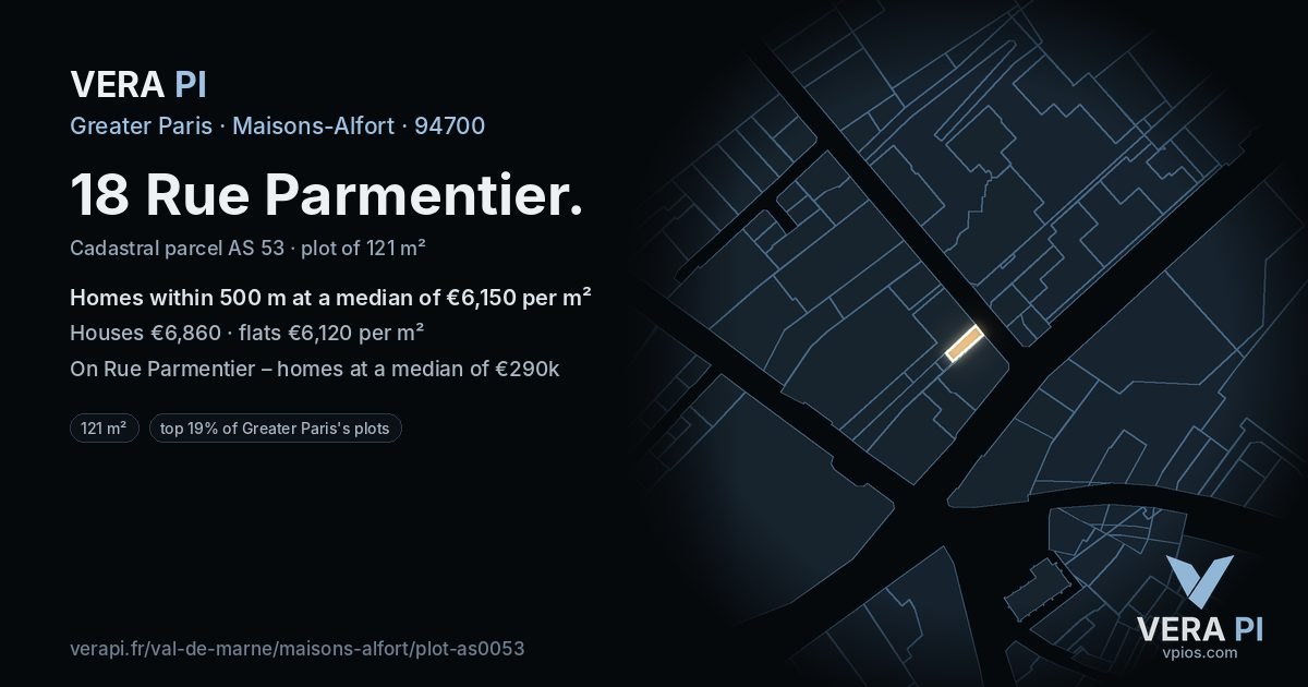 18 Rue Parmentier, Maisons-Alfort at night – the plot lit, the parcels around coloured by the prices near them