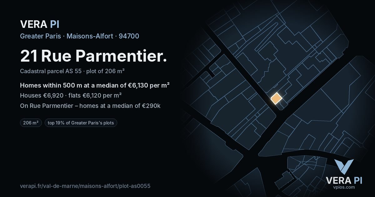 21 Rue Parmentier, Maisons-Alfort at night – the plot lit, the parcels around coloured by the prices near them