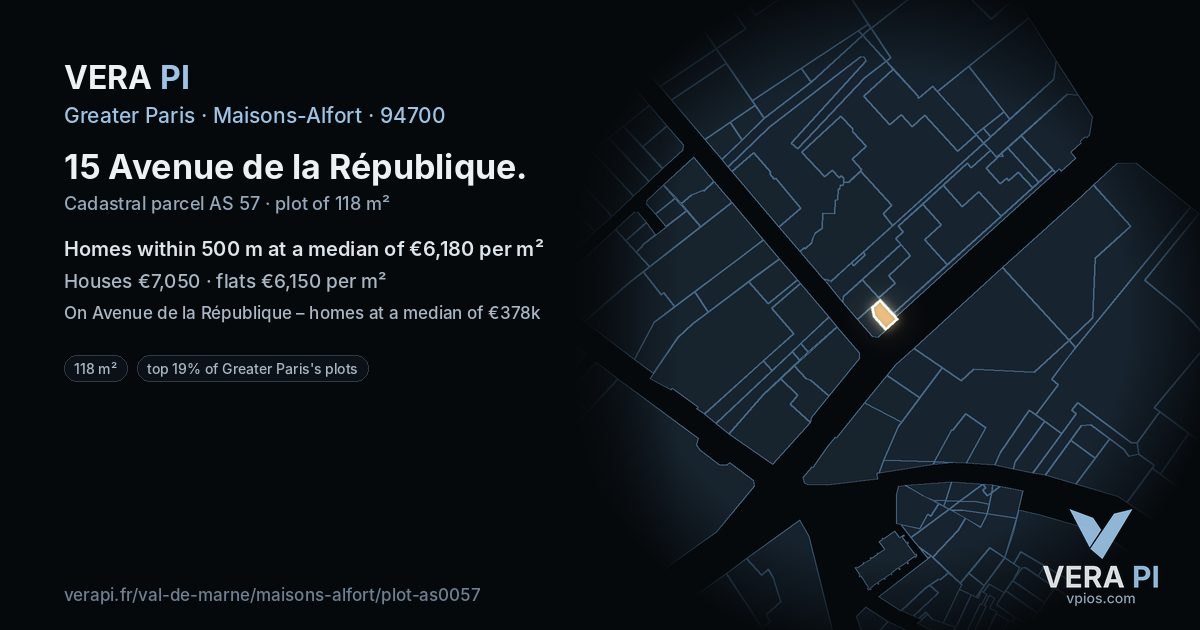 15 Avenue de la République, Maisons-Alfort at night – the plot lit, the parcels around coloured by the prices near them