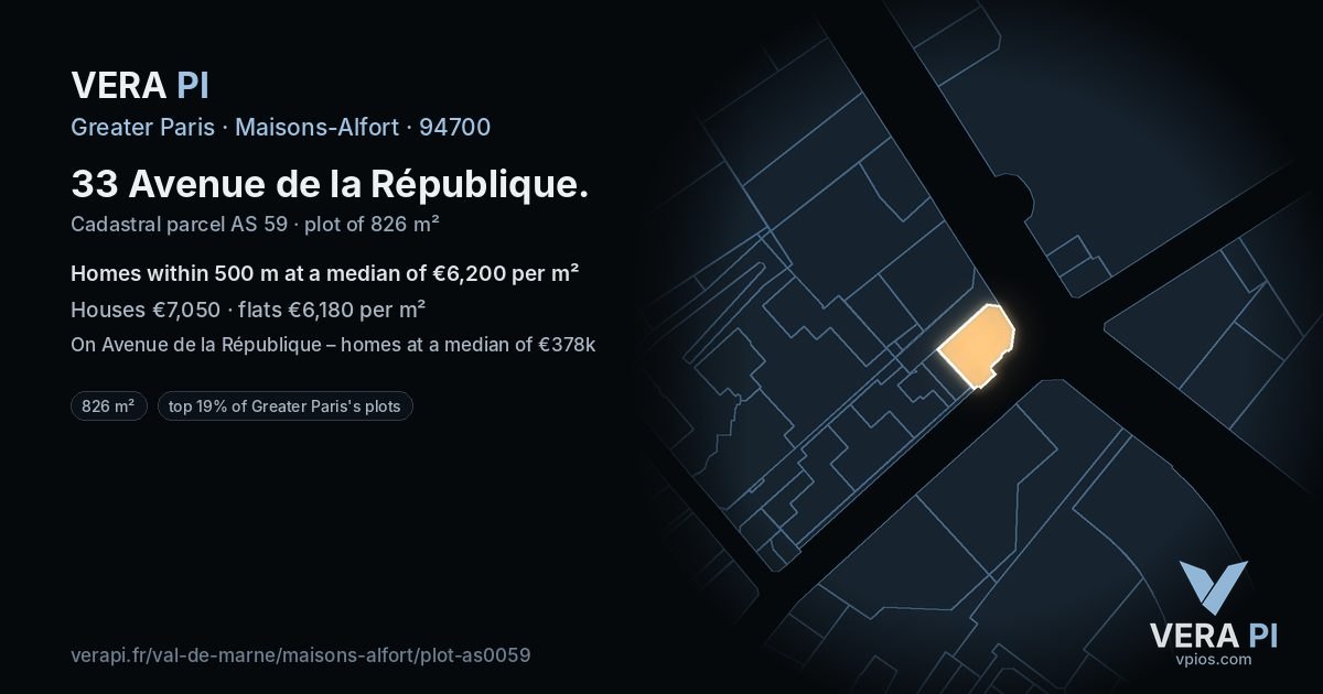 33 Avenue de la République, Maisons-Alfort at night – the plot lit, the parcels around coloured by the prices near them