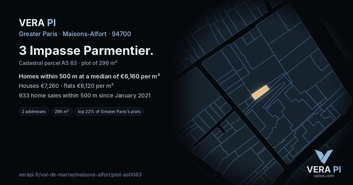 3 Impasse Parmentier, Maisons-Alfort at night – the plot lit, the parcels around coloured by the prices near them