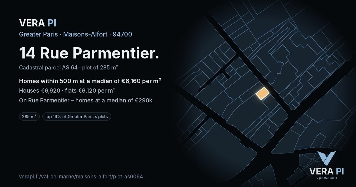 14 Rue Parmentier, Maisons-Alfort at night – the plot lit, the parcels around coloured by the prices near them