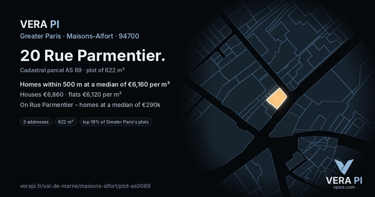 20 Rue Parmentier, Maisons-Alfort at night – the plot lit, the parcels around coloured by the prices near them