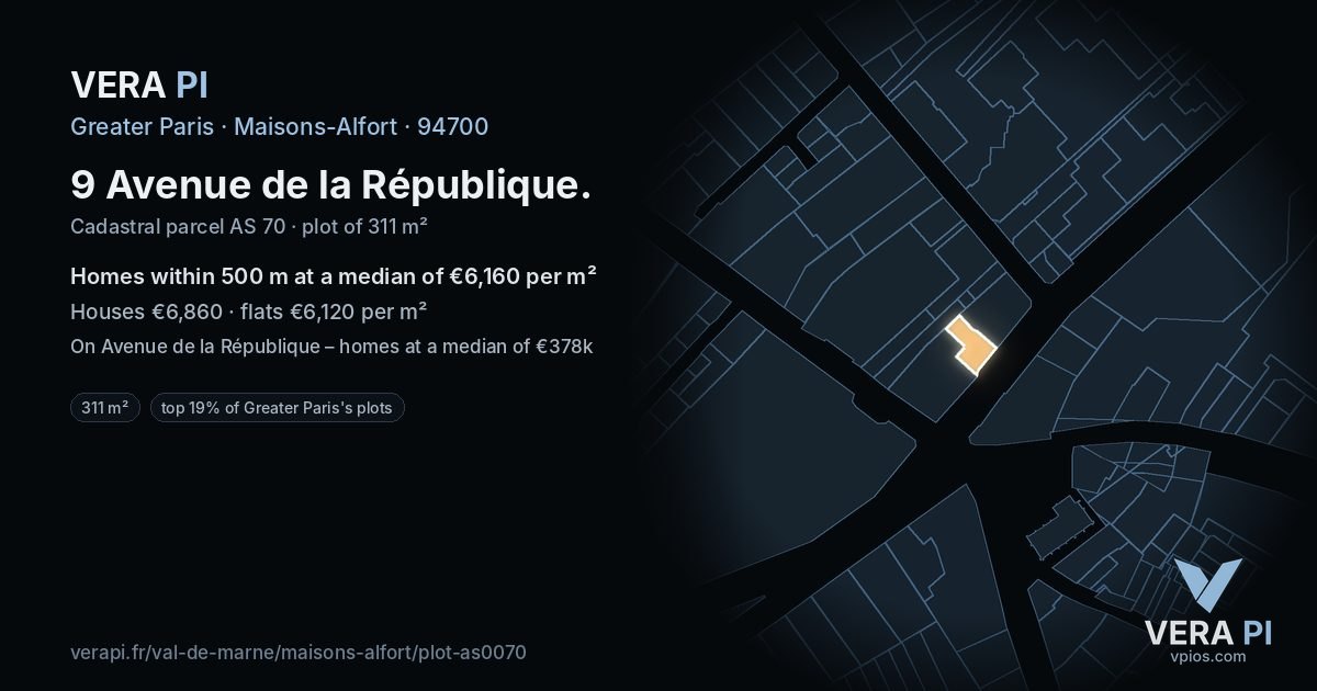9 Avenue de la République, Maisons-Alfort at night – the plot lit, the parcels around coloured by the prices near them