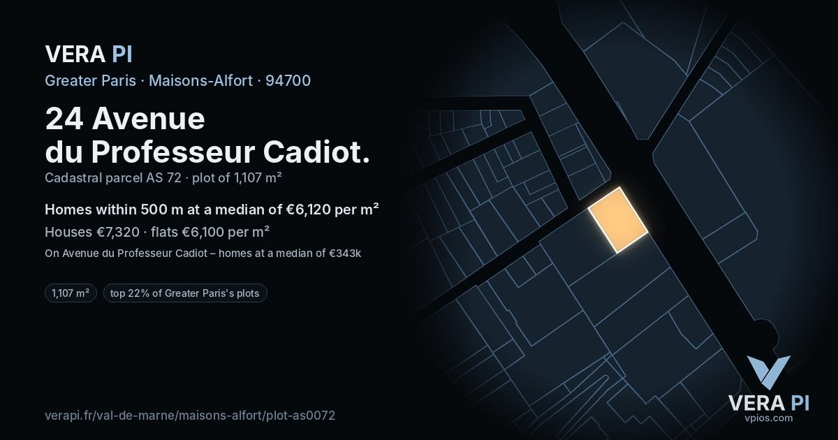 24 Avenue du Professeur Cadiot, Maisons-Alfort at night – the plot lit, the parcels around coloured by the prices near them