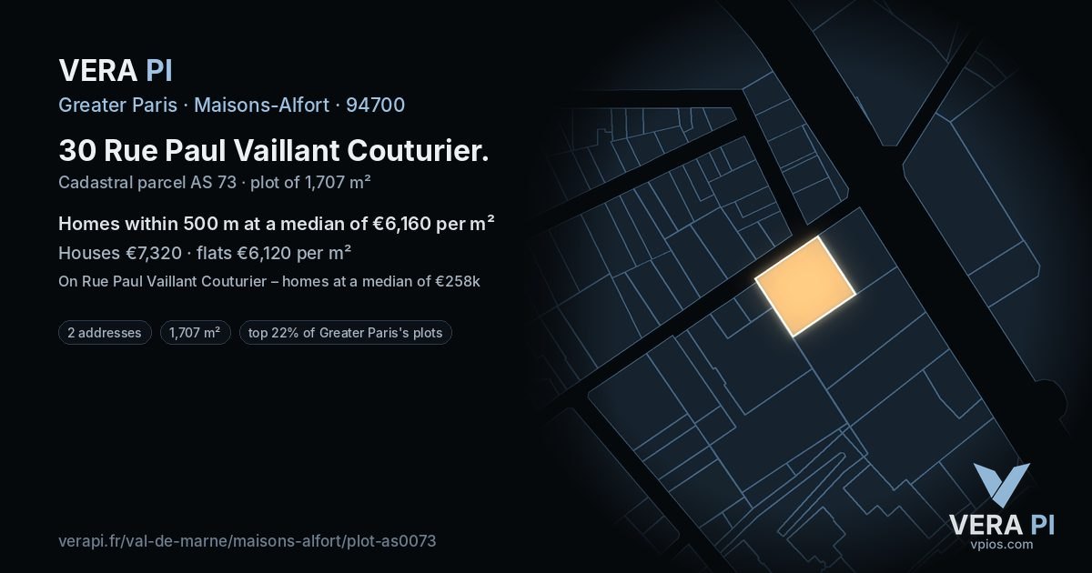 30 Rue Paul Vaillant Couturier, Maisons-Alfort at night – the plot lit, the parcels around coloured by the prices near them