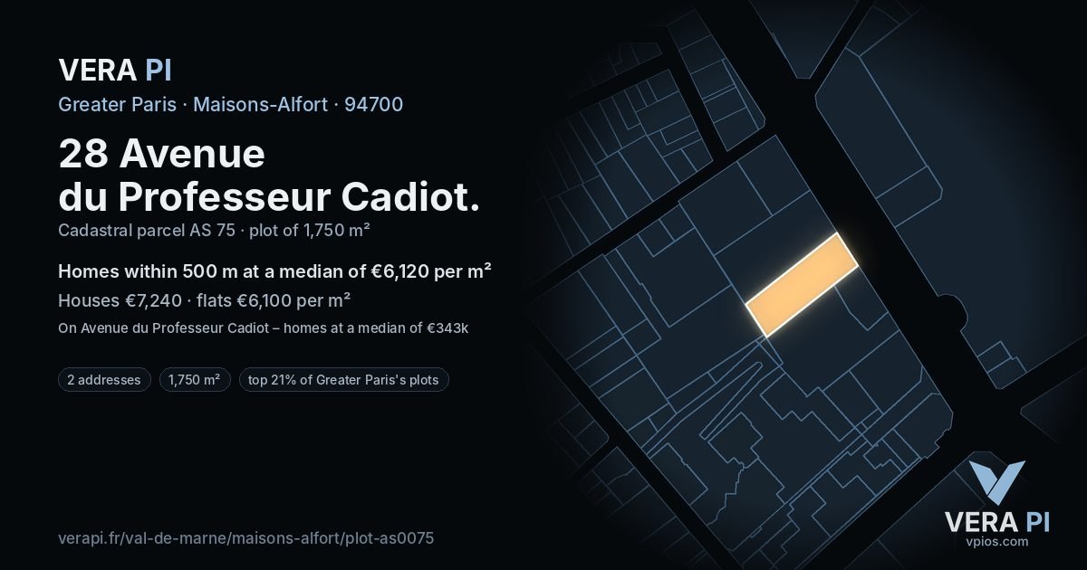 28 Avenue du Professeur Cadiot, Maisons-Alfort at night – the plot lit, the parcels around coloured by the prices near them