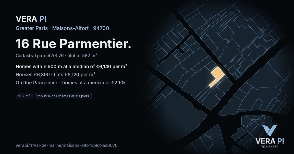 16 Rue Parmentier, Maisons-Alfort at night – the plot lit, the parcels around coloured by the prices near them
