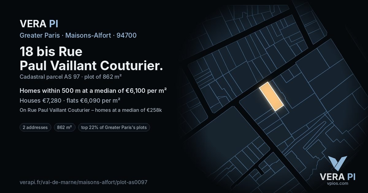 18 bis Rue Paul Vaillant Couturier, Maisons-Alfort at night – the plot lit, the parcels around coloured by the prices near them