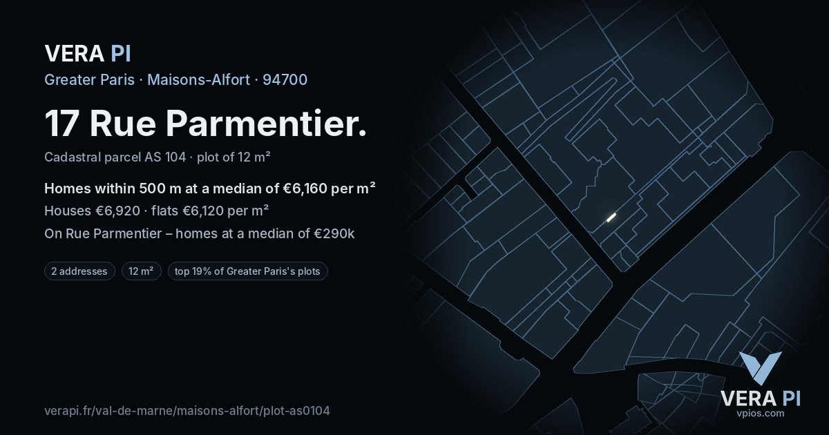 17 Rue Parmentier, Maisons-Alfort at night – the plot lit, the parcels around coloured by the prices near them