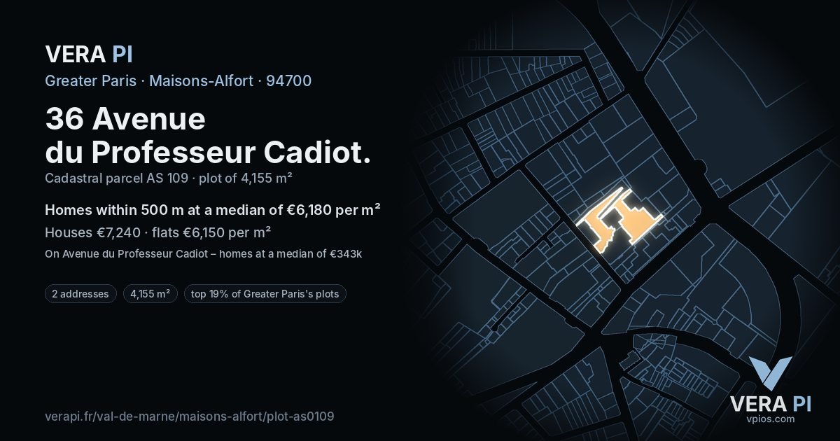 36 Avenue du Professeur Cadiot, Maisons-Alfort at night – the plot lit, the parcels around coloured by the prices near them