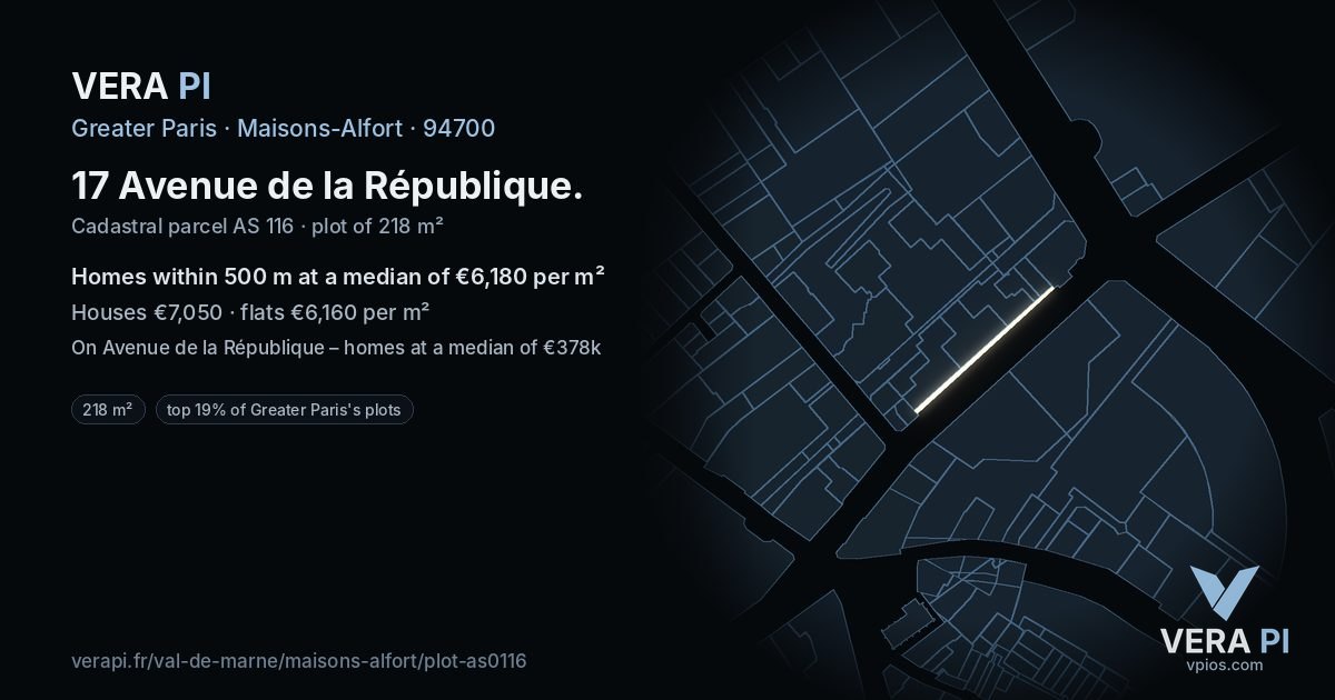 17 Avenue de la République, Maisons-Alfort at night – the plot lit, the parcels around coloured by the prices near them