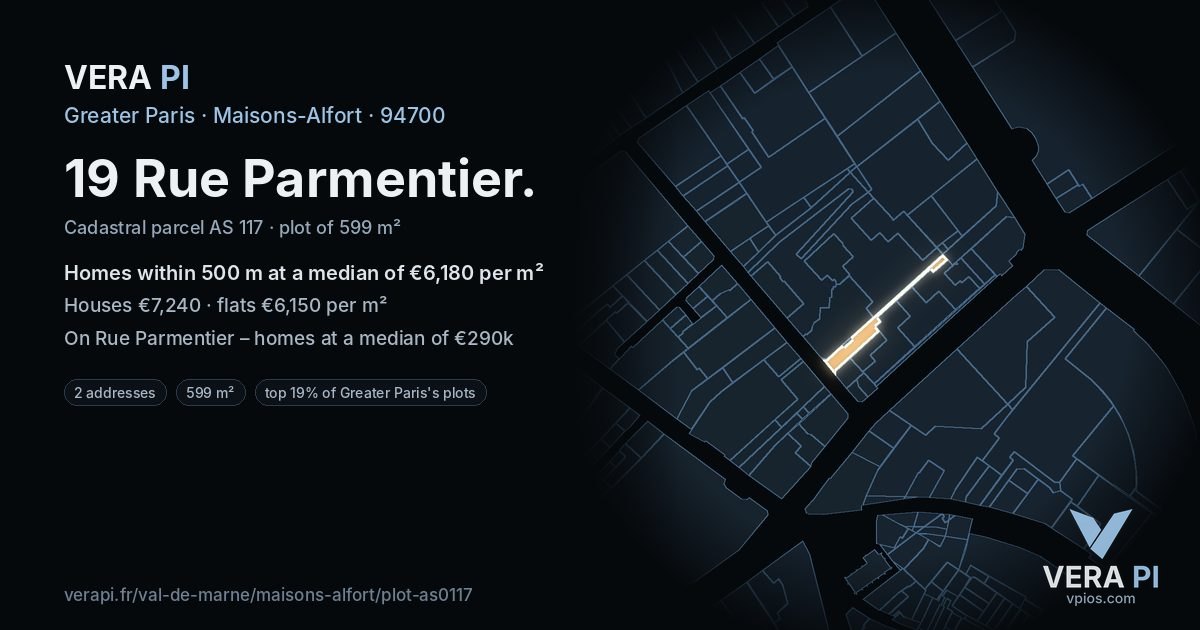19 Rue Parmentier, Maisons-Alfort at night – the plot lit, the parcels around coloured by the prices near them
