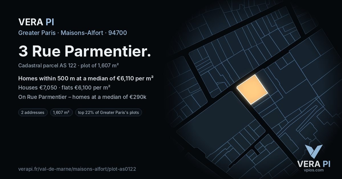 3 Rue Parmentier, Maisons-Alfort at night – the plot lit, the parcels around coloured by the prices near them
