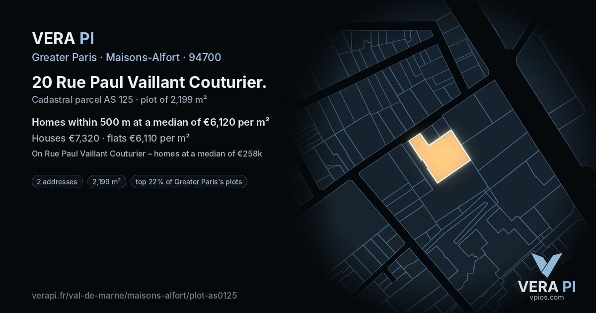 20 Rue Paul Vaillant Couturier, Maisons-Alfort at night – the plot lit, the parcels around coloured by the prices near them
