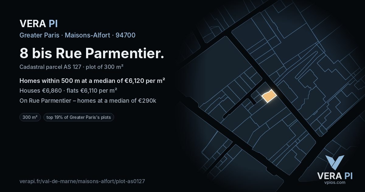 8 bis Rue Parmentier, Maisons-Alfort at night – the plot lit, the parcels around coloured by the prices near them