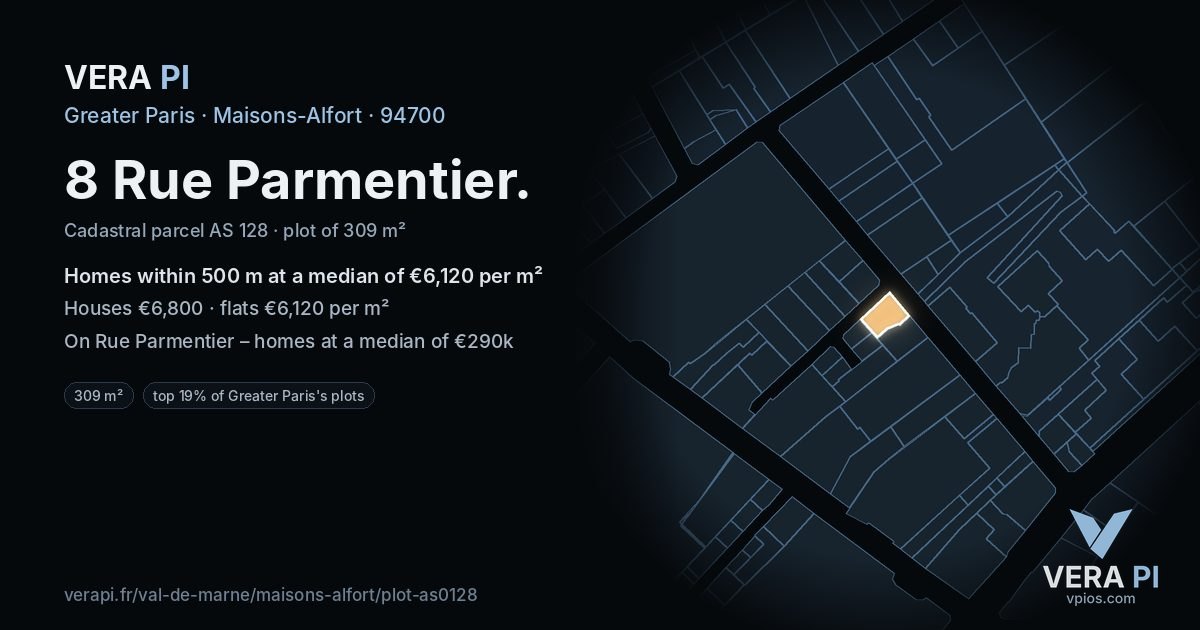 8 Rue Parmentier, Maisons-Alfort at night – the plot lit, the parcels around coloured by the prices near them