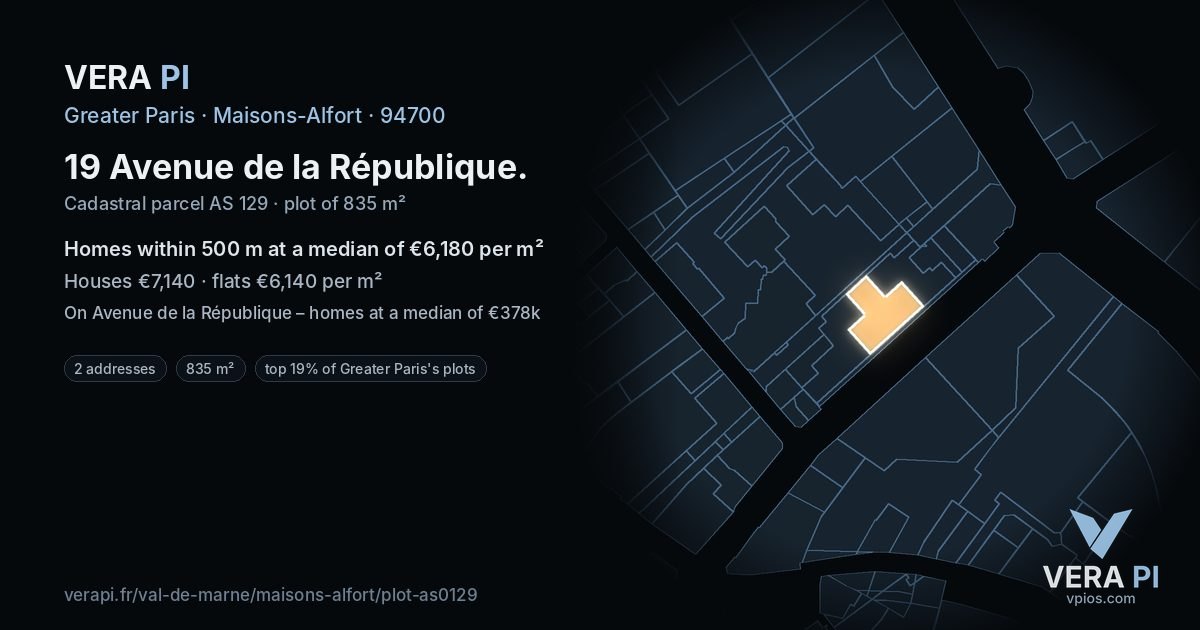 19 Avenue de la République, Maisons-Alfort at night – the plot lit, the parcels around coloured by the prices near them