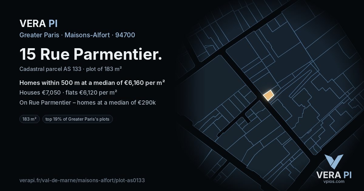 15 Rue Parmentier, Maisons-Alfort at night – the plot lit, the parcels around coloured by the prices near them