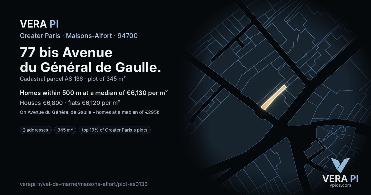 77 bis Avenue du Général de Gaulle, Maisons-Alfort at night – the plot lit, the parcels around coloured by the prices near them