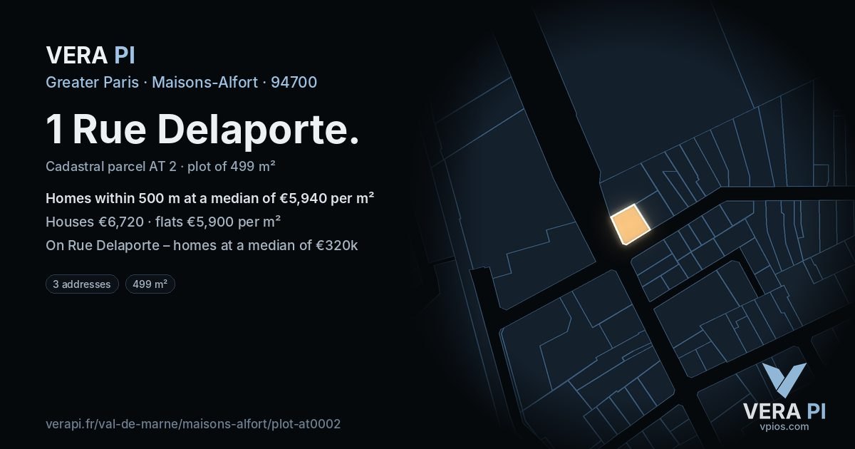 1 Rue Delaporte, Maisons-Alfort at night – the plot lit, the parcels around coloured by the prices near them