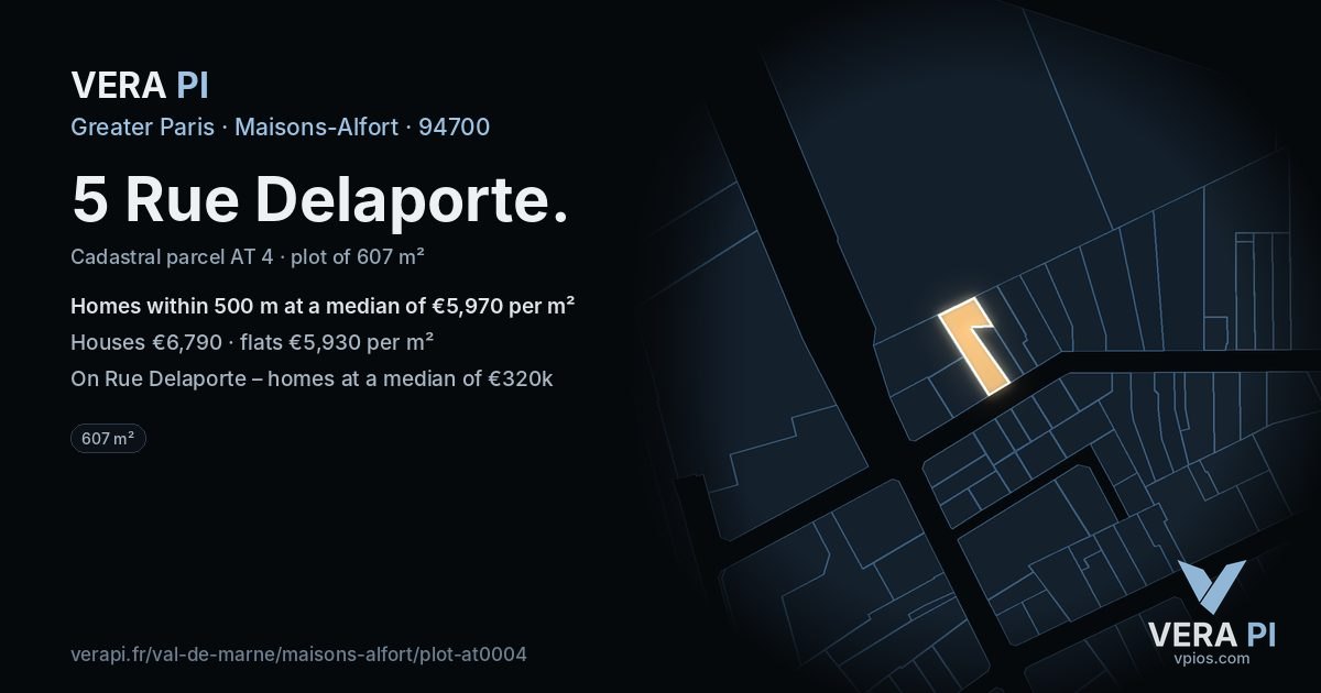 5 Rue Delaporte, Maisons-Alfort at night – the plot lit, the parcels around coloured by the prices near them