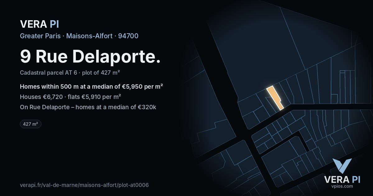 9 Rue Delaporte, Maisons-Alfort at night – the plot lit, the parcels around coloured by the prices near them